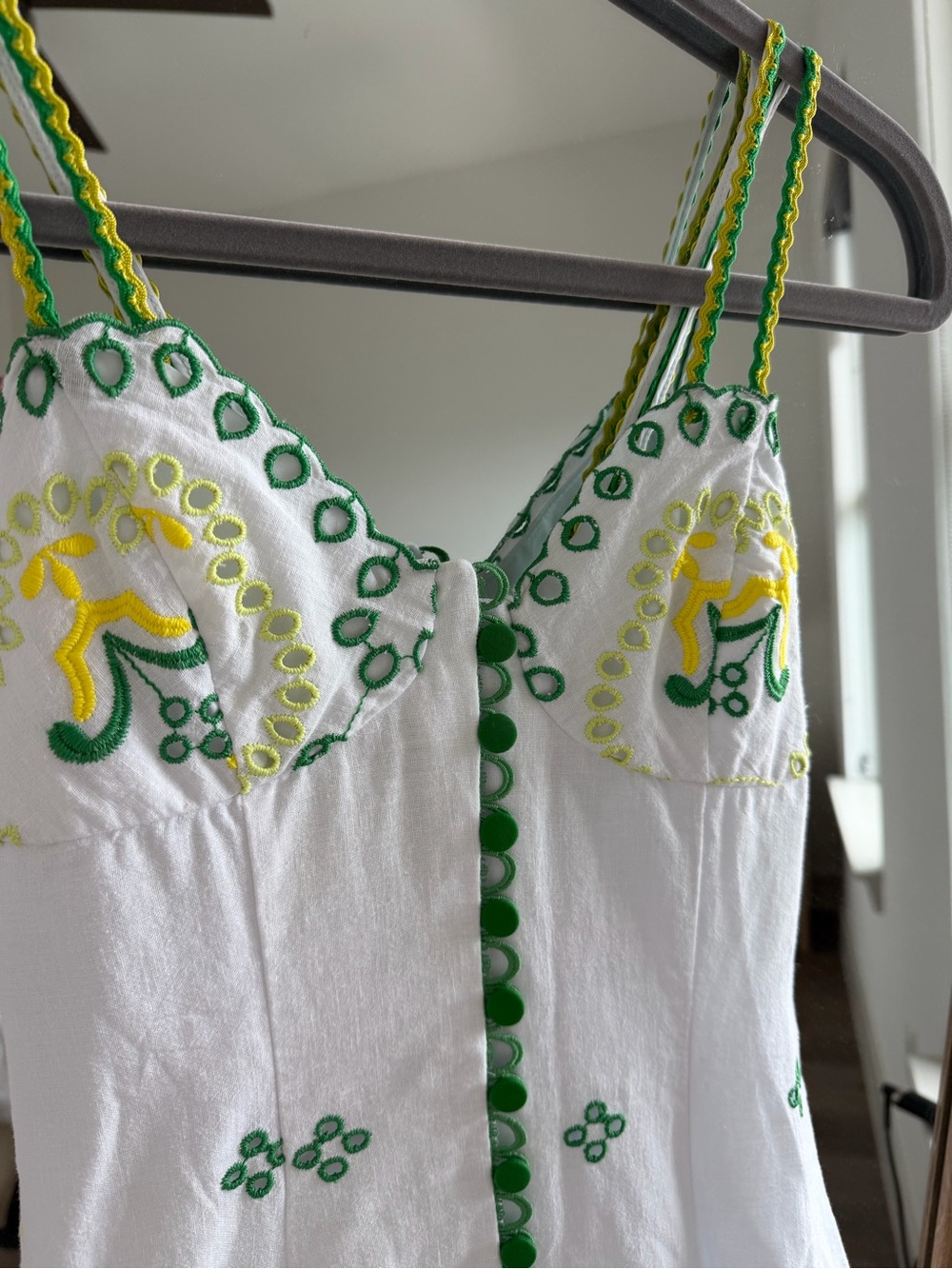 Charo Ruiz White Midi Dress with Green and Yellow Embroidery XS - Picture 4 of 8